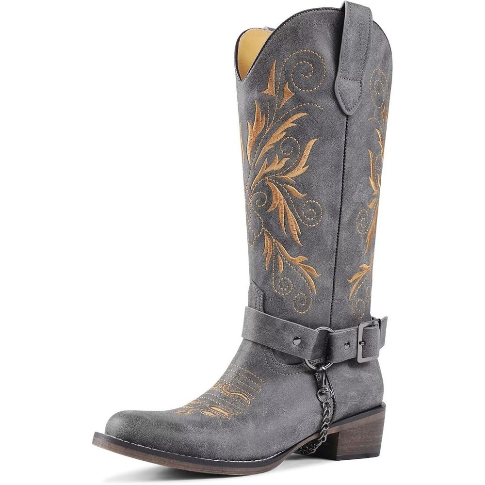 Women's Embroidered Gray Removable Belt Low Block Heel Round Western Boots
